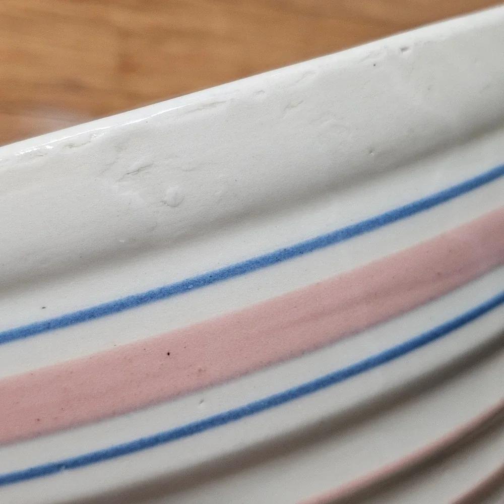 Vintage McCoy Stoneware Mixing Bowl Large 10 in Pink Blue Striped Ribbed Beehive